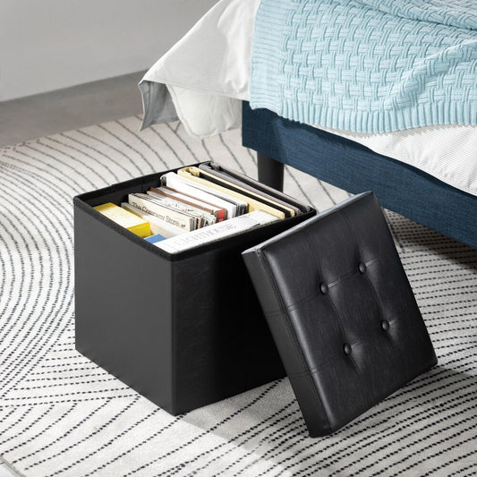 15" Button Tufted Faux Leather Collapsible Storage Ottoman