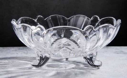 Crystal Fruit Bowl – Three-Legged Glass Fruit Tray (Transparent)