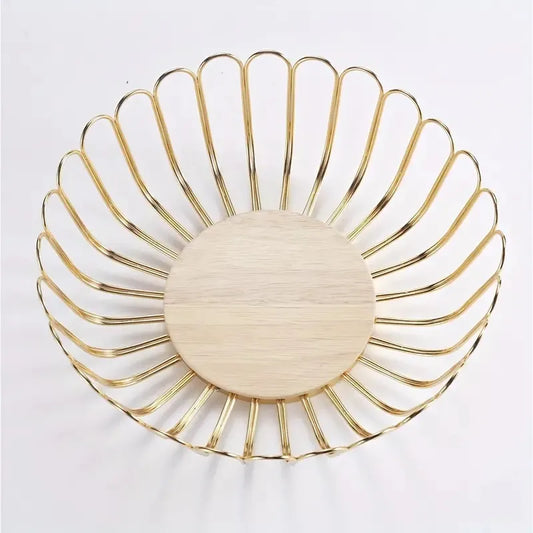 Fruit Basket Holder for Kitchen Countertop, Gold Modern Storage Centerpiece with Wood Stand