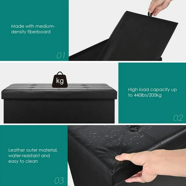 Folding Storage Ottoman Bench, Faux Leather Storage Chest, Coffee Table Foot Rest Stool Seat, Black