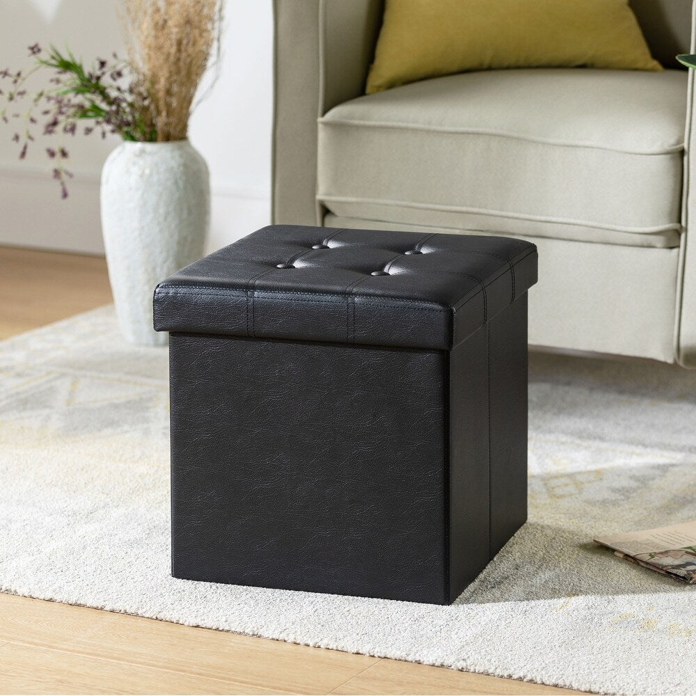 15" Button Tufted Faux Leather Collapsible Storage Ottoman