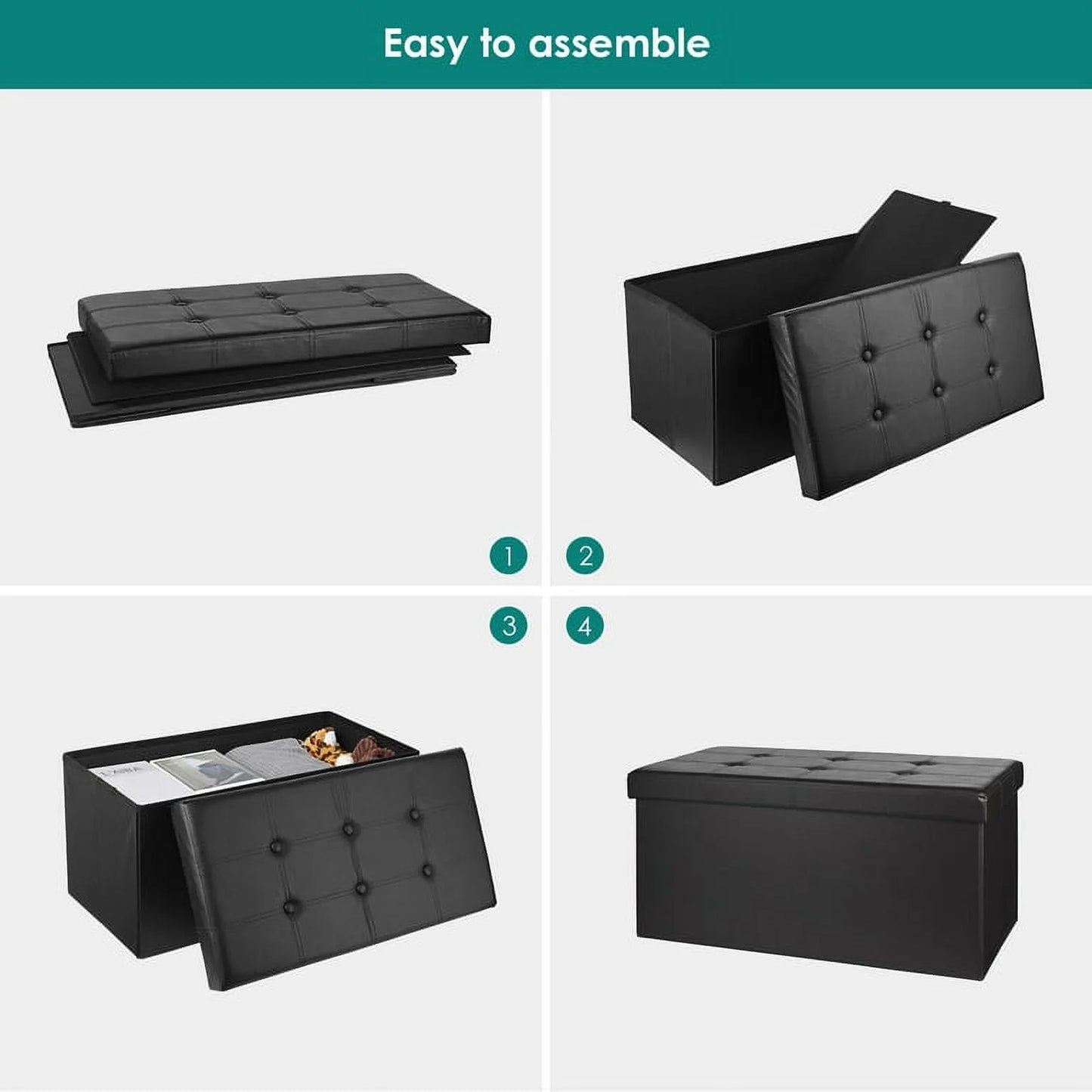 Folding Storage Ottoman Bench, Faux Leather Storage Chest, Coffee Table Foot Rest Stool Seat, Black