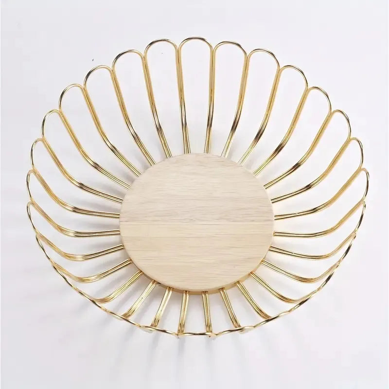 Fruit Basket Holder for Kitchen Countertop, Gold Modern Storage Centerpiece with Wood Stand