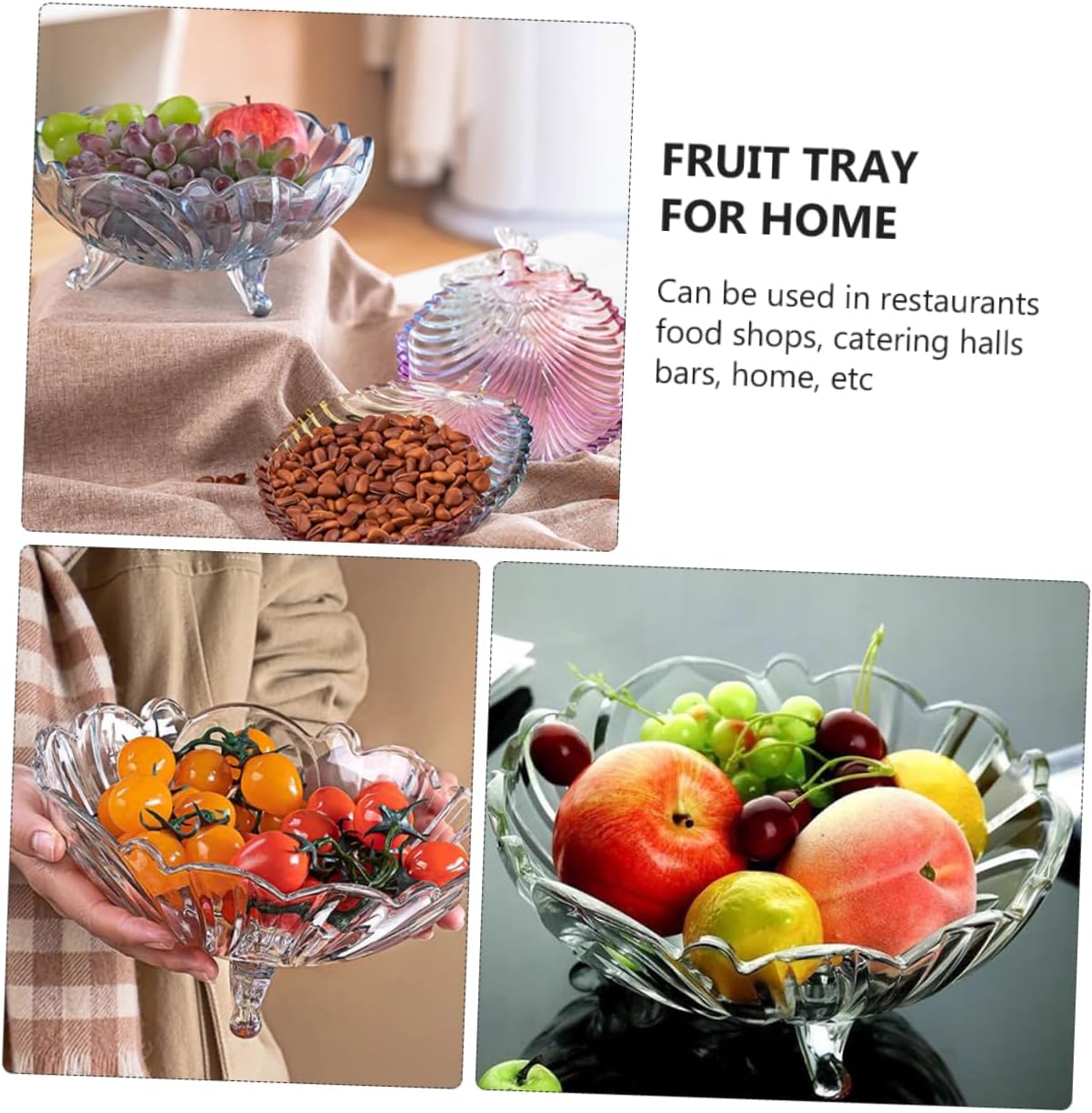 Crystal Fruit Bowl – Three-Legged Glass Fruit Tray (Transparent)