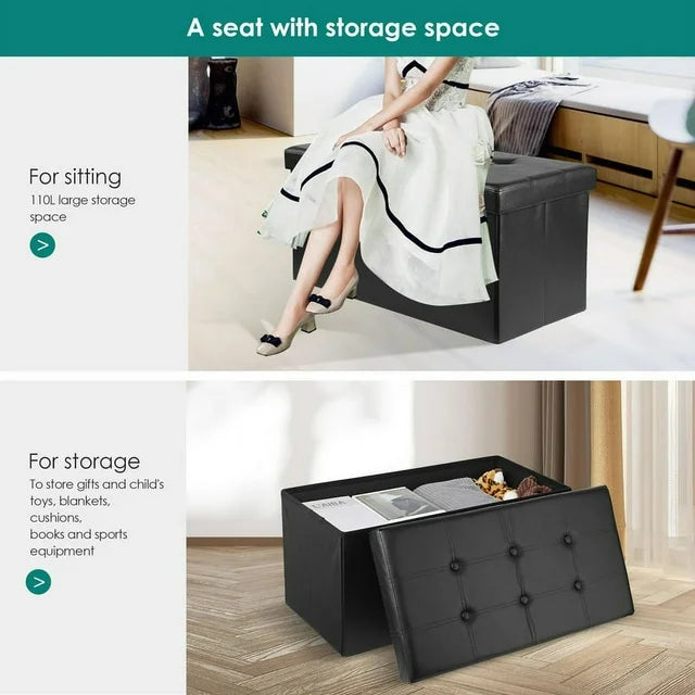 Folding Storage Ottoman Bench, Faux Leather Storage Chest, Coffee Table Foot Rest Stool Seat, Black