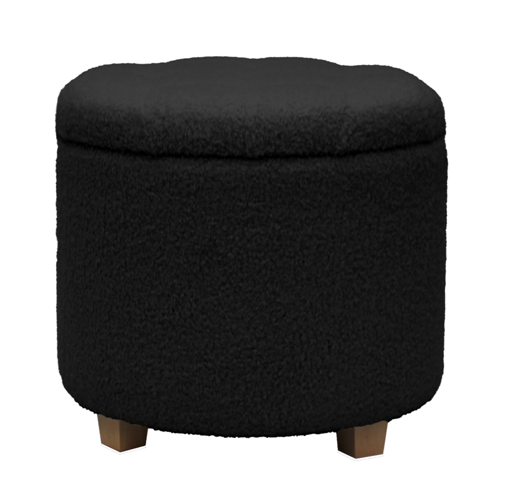 Round black ottoman with storage, teddy fabric