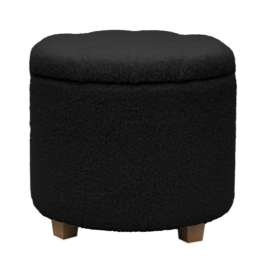 Round black ottoman with storage, teddy fabric