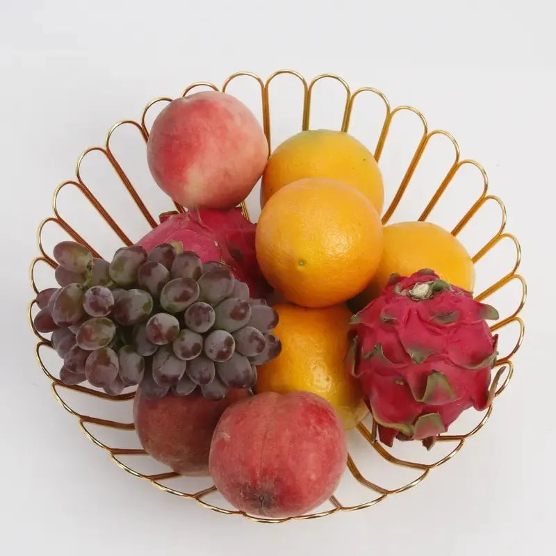 Fruit Basket Holder for Kitchen Countertop, Gold Modern Storage Centerpiece with Wood Stand